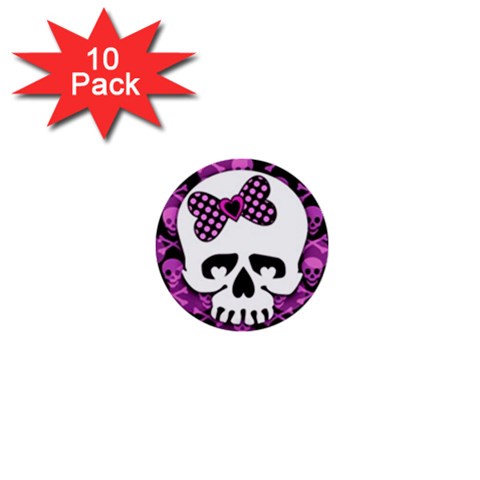 Pink Polka Dot Bow Skull 1  Mini Button (10 pack)  from ZippyPress Front