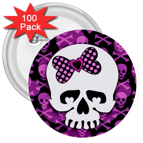 Pink Polka Dot Bow Skull 3  Button (100 pack) from ZippyPress Front