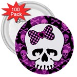 Pink Polka Dot Bow Skull 3  Button (100 pack)