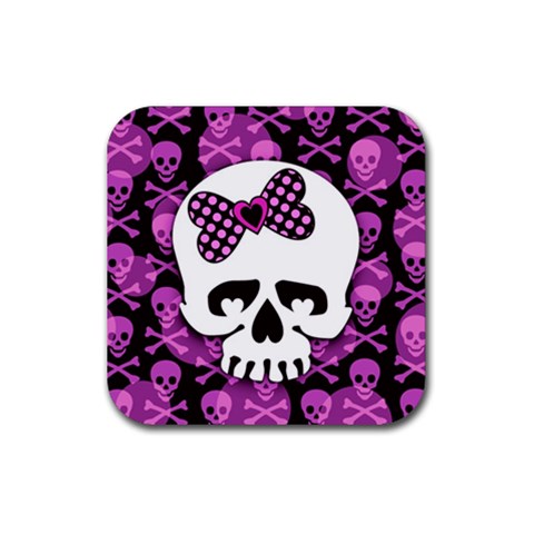 Pink Polka Dot Bow Skull Rubber Coaster (Square) from ZippyPress Front
