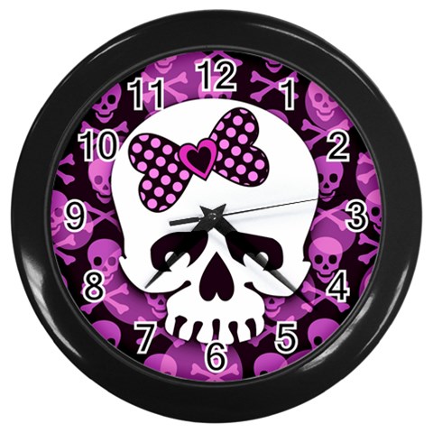 Pink Polka Dot Bow Skull Wall Clock (Black) from ZippyPress Front