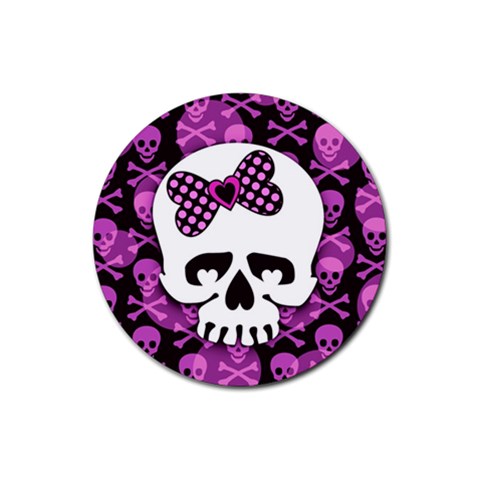 Pink Polka Dot Bow Skull Rubber Coaster (Round) from ZippyPress Front