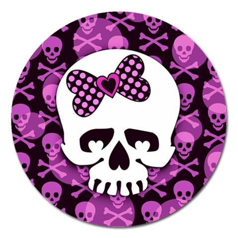 Pink Polka Dot Bow Skull Magnet 5  (Round) from ZippyPress Front