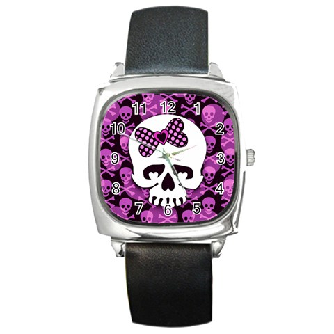Pink Polka Dot Bow Skull Square Metal Watch from ZippyPress Front