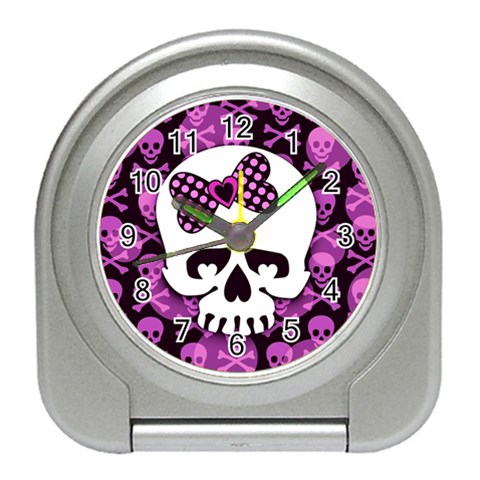 Pink Polka Dot Bow Skull Travel Alarm Clock from ZippyPress Front