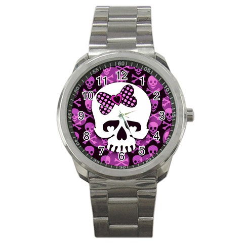 Pink Polka Dot Bow Skull Sport Metal Watch from ZippyPress Front