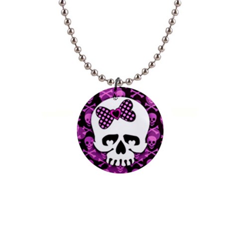 Pink Polka Dot Bow Skull 1  Button Necklace from ZippyPress Front