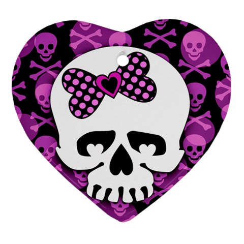Pink Polka Dot Bow Skull Heart Ornament (Two Sides) from ZippyPress Front