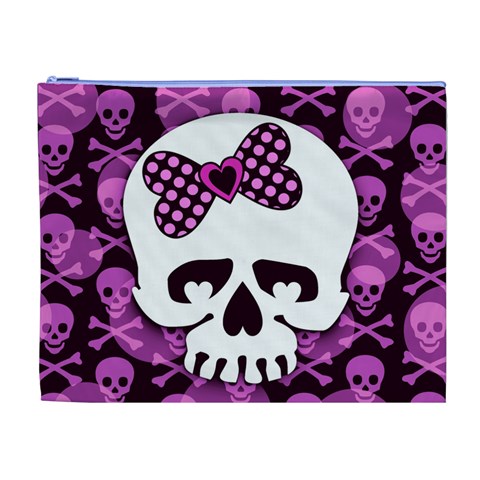 Pink Polka Dot Bow Skull Cosmetic Bag (XL) from ZippyPress Front