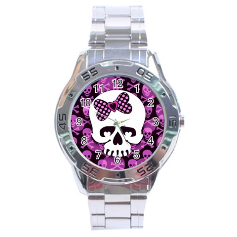 Pink Polka Dot Bow Skull Stainless Steel Analogue Men’s Watch from ZippyPress Front
