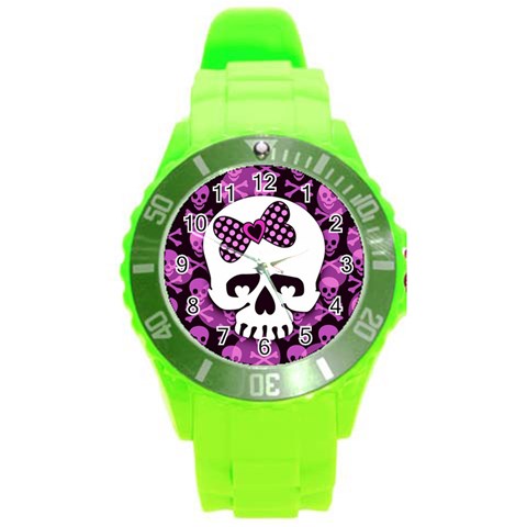 Pink Polka Dot Bow Skull Round Plastic Sport Watch Large from ZippyPress Front