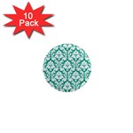 White On Emerald Green Damask 1  Mini Button Magnet (10 pack)