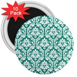 White On Emerald Green Damask 3  Button Magnet (10 pack)