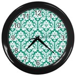 White On Emerald Green Damask Wall Clock (Black)