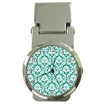 White On Emerald Green Damask Money Clip with Watch