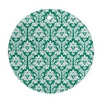 White On Emerald Green Damask Round Ornament (Two Sides)