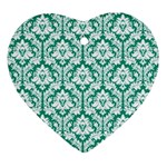 White On Emerald Green Damask Heart Ornament (Two Sides)