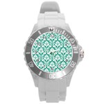 White On Emerald Green Damask Plastic Sport Watch (Large)