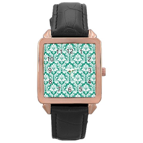 White On Emerald Green Damask Rose Gold Leather Watch  from ZippyPress Front