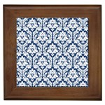 White On Blue Damask Framed Ceramic Tile