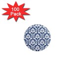 White On Blue Damask 1  Mini Button Magnet (100 pack)