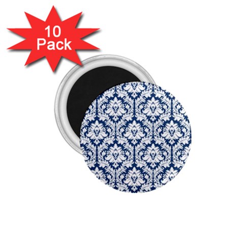 White On Blue Damask 1.75  Button Magnet (10 pack) from ZippyPress Front
