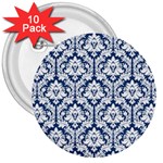 White On Blue Damask 3  Button (10 pack)