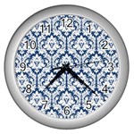White On Blue Damask Wall Clock (Silver)