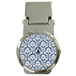 White On Blue Damask Money Clip with Watch