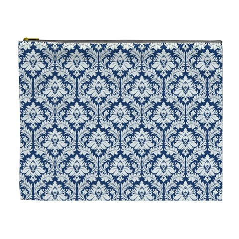 Navy Blue Damask Pattern Cosmetic Bag (XL) from ZippyPress Front