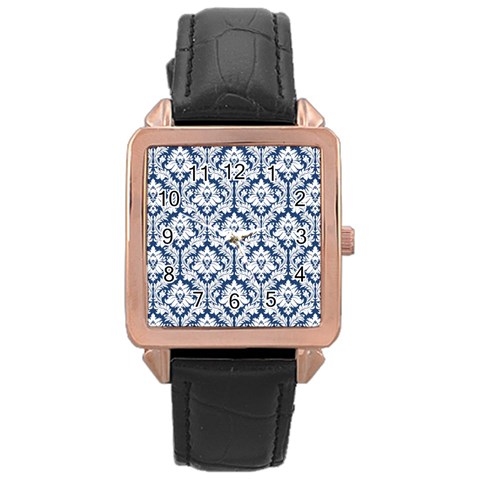 White On Blue Damask Rose Gold Leather Watch  from ZippyPress Front