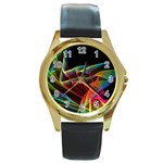 Dancing Northern Lights, Abstract Summer Sky  Round Leather Watch (Gold Rim) 