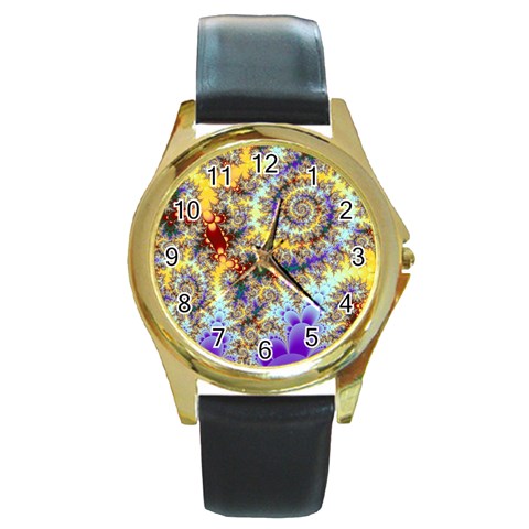 Desert Winds, Abstract Gold Purple Cactus  Round Leather Watch (Gold Rim)  from ZippyPress Front