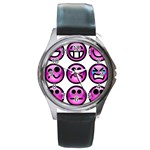 Chronic Pain Emoticons Round Leather Watch (Silver Rim)