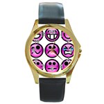 Chronic Pain Emoticons Round Leather Watch (Gold Rim) 
