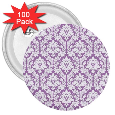 White On Lilac Damask 3  Button (100 pack) from ZippyPress Front