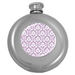 White On Lilac Damask Hip Flask (Round)