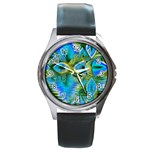 Mystical Spring, Abstract Crystal Renewal Round Leather Watch (Silver Rim)