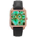 Spring Leaves, Abstract Crystal Flower Garden Rose Gold Leather Watch 