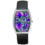Evening Crystal Primrose, Abstract Night Flowers Tonneau Leather Watch