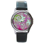 Raspberry Lime Surprise, Abstract Sea Garden  Round Leather Watch (Silver Rim)