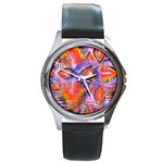 Crystal Star Dance, Abstract Purple Orange Round Leather Watch (Silver Rim)