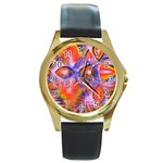 Crystal Star Dance, Abstract Purple Orange Round Leather Watch (Gold Rim) 