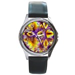 Golden Violet Crystal Palace, Abstract Cosmic Explosion Round Leather Watch (Silver Rim)