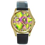 Raspberry Lime Mystical Magical Lake, Abstract  Round Leather Watch (Gold Rim) 
