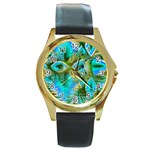 Crystal Gold Peacock, Abstract Mystical Lake Round Leather Watch (Gold Rim) 