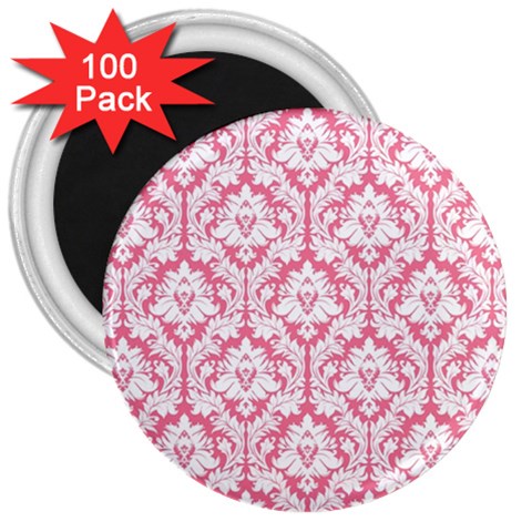 White On Soft Pink Damask 3  Button Magnet (100 pack) from ZippyPress Front