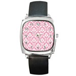 White On Soft Pink Damask Square Leather Watch
