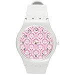 White On Soft Pink Damask Plastic Sport Watch (Medium)