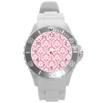 White On Soft Pink Damask Plastic Sport Watch (Large)